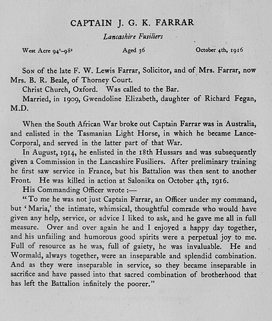 Farrar J G K Captain Lancashire Fusiliers Obit