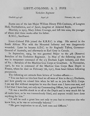 Fife A J Lt Col Yorkshire Regiment Obit