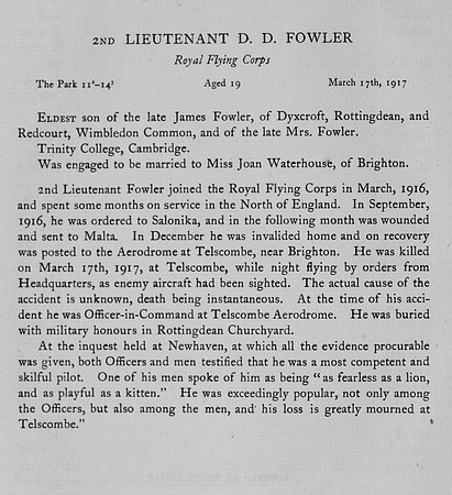 Fowler D D 2nd Lt Royal Flying Corps Obit
