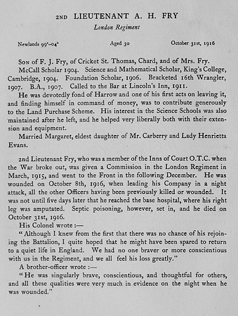 Fry A H 2nd Lt London Regiment Obit