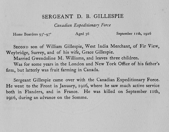 Gillespie D B Sergt Canadian Infantry Obit