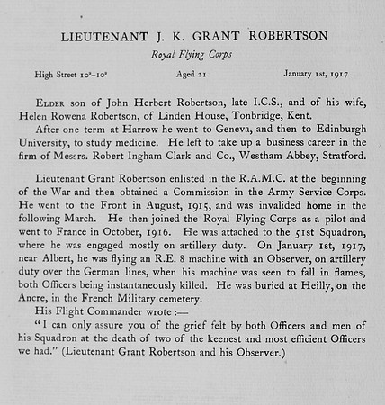 Grant-Robertson J K Lt Royal Flying Corps Obit