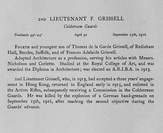 Grissell F Lt 2nd Lt Coldstream Guards Obit