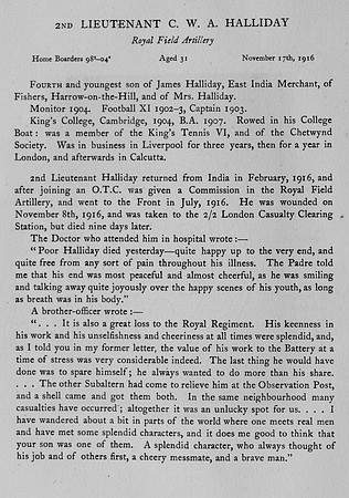 Halliday C W A 2nd Lt Royal Field Artillery Obit
