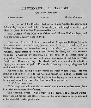 Harford J H Lt South Wales Borderers Obit