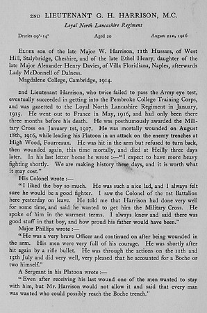 Harrison G H 2nd Lt MC Loyal North Lancs Regiment Obit