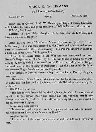 Hemans G W Major Indian Army Obit
