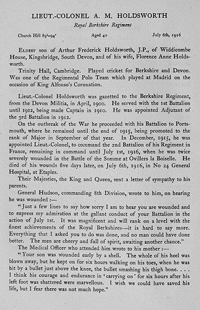 Holdsworth A M Lt Col Royal Berkshire Regiment Obit