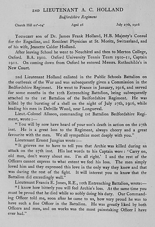 Holland A C 2nd Lt Bedfordshire Regiment Obit