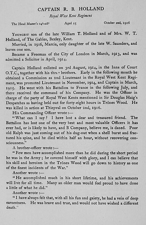 Holland R B Captain Royal West Kent Regiment Obit