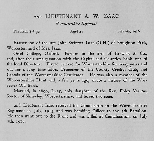 Isaac A W 2nd Lt Worcestershire Regiment Obit