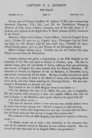 Jackson G L Captain Rifle Brigade Obit
