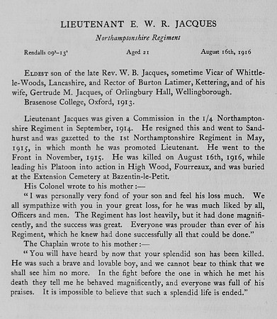 Jaques E W R Lt Northamptonshire Regiment Obit