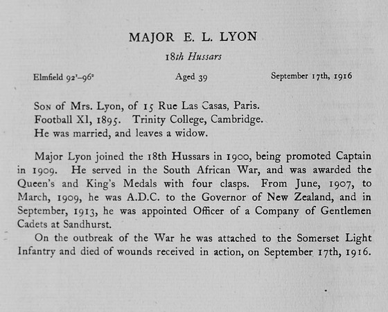 Lyon E L Major 18th Hussars Obit