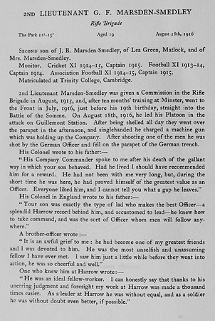 Marsden-Smedley G F 2nd Lt Rifle Brigade Obit