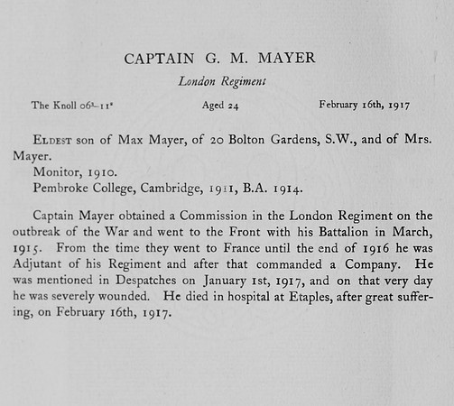 Mayer G M Captain London Regiment Obit