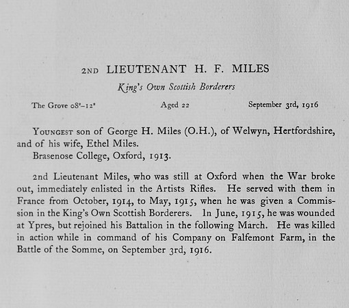 Miles H F 2nd Lt Kings Own Scottish Borderers Obit