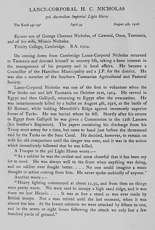 Nicholas H C LCpl 3rd Australian Light Horse Obit