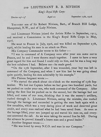 Nivison R B 2nd Lt Kings Royal Rifle Corps Obit