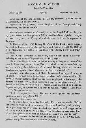 Oliver G B Major Royal Field Artillery Obit
