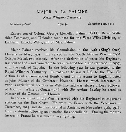 Palmer A L Major Wiltshire Yeomanry Obit