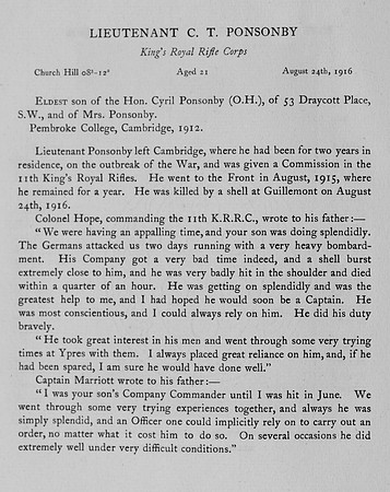 Ponsonby C T Lt Kings Royal Rifle Corps Obit