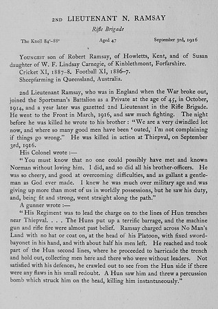 Ramsay N 2nd Lt Rifle Brigade Obit