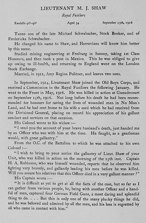Shaw M J Lt Royal Fusiliers Obit