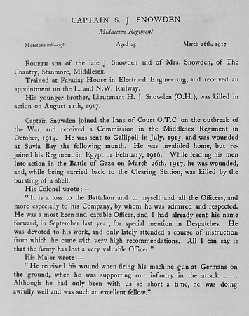 Snowden S J Captain Middlesex Regiment Obit