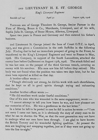 St George H E 2nd Lt Kings Liverpool Regiment Obit