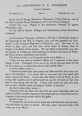 Thompson G E 2nd Lt Kings Liverpool Rgiment Obit
