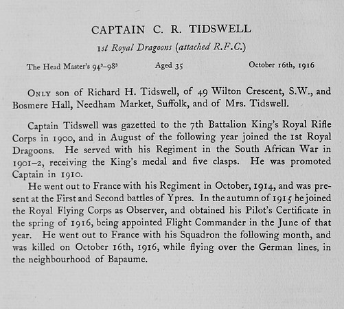 Tidswell C R Captain Royal Flying Corps Obit