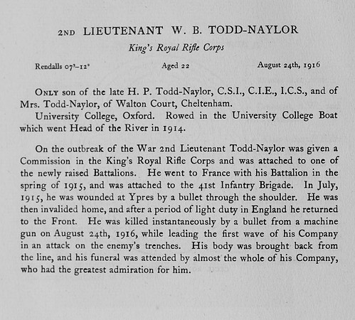 Todd-Naylor W B 2nd Lt Kings Royal Rifle Corps Obit
