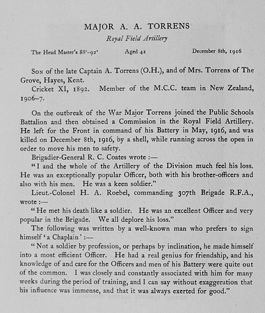 Torrens A A Major Royal Field Artillery Obit Harrow Roll Of Honour Vol 4