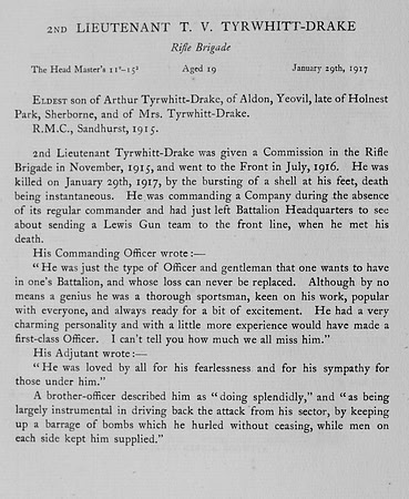 Tyrwhitt-Drake T V 2nd Lt Rifle Brigade Obit