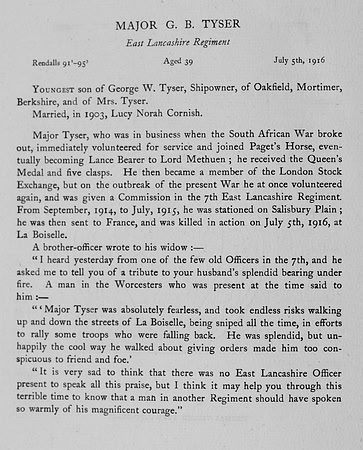 Tyser G B Major East Lancashire Regiment Obit
