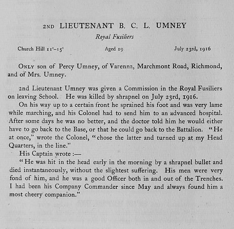 Umney B C L 2nd Lt Royal Fusiliers Obit