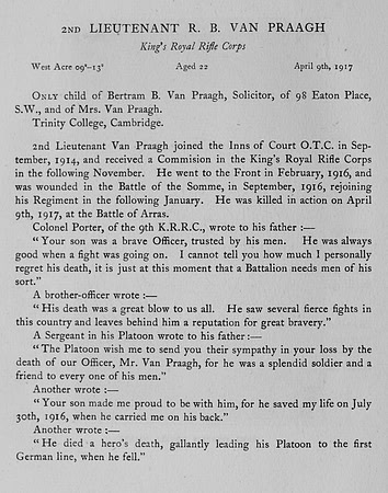 Van Praagh R B 2nd Lt Kings Royal Rifle Corps Obit