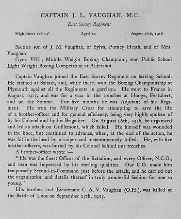Vaughan J L Captain MC East Surrey Regiment Obit