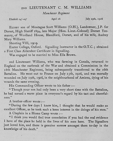 Williams C M 2nd Lt Manchester Regiment Obit