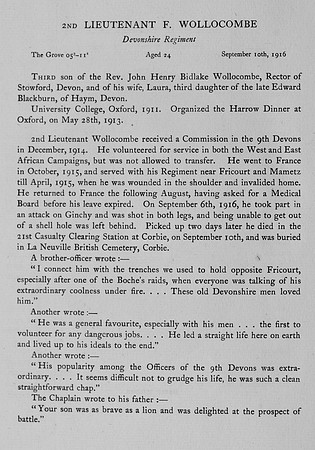 Wollocombe F 2nd Lt Devonshire Regiment Obit
