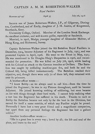 Robertson-Walker A M M Captain Royal Fusiliers Obit
