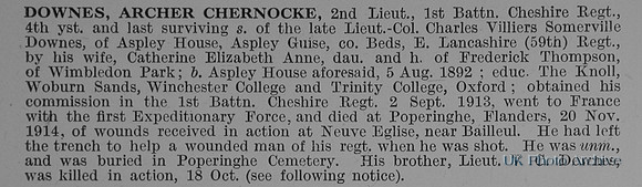 Downes A C 2nd Lt 1st Cheshire Regiment Obit