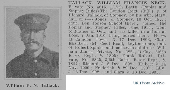 Tallack W F N Pte 4815 17th London Regiment Obit