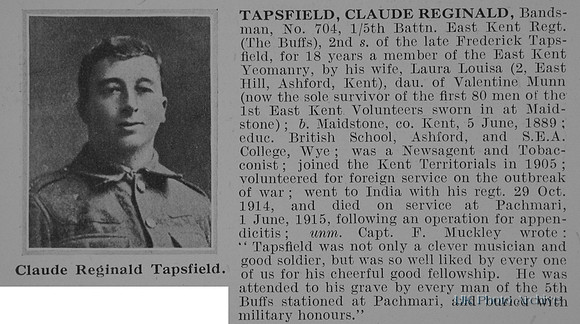Tapsfield C R Bandsman 704 5th East Kent Regiment Obit