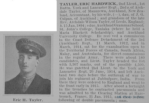 Tayler E H 2nd Lt 1st York And Lancs Regiment Obit