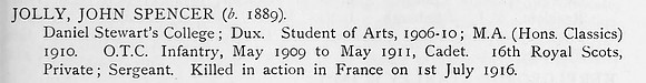 Jolly J S Sergt 16th Royal Scots Obit