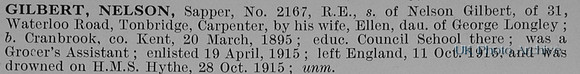 Gilbert N Sapper 2167 Royal Engineers Obit