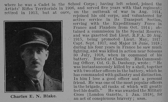 Blake C E N Major MC RFA Obit Part 2 De Ruvignys Roll Of Honour Vol 5