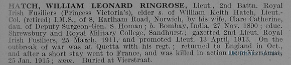 Hatch W L R Lt 2nd Royal Irish Fusiliers Obit